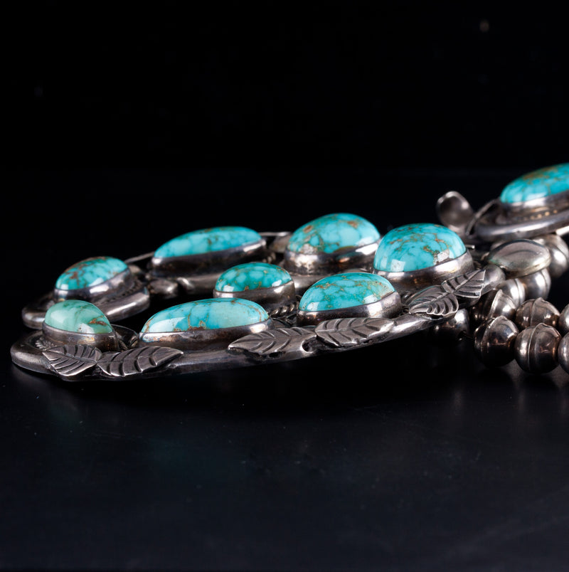 Vintage 1970's Sterling Silver Kingman Turquoise Squash Blossom Necklace 406.2g