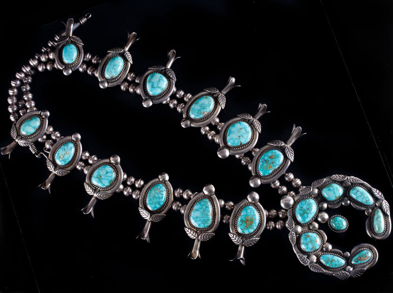Vintage 1970's Sterling Silver Kingman Turquoise Squash Blossom Necklace 406.2g