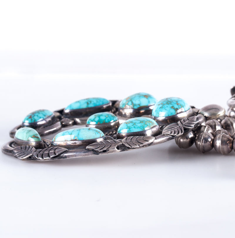 Vintage 1970's Sterling Silver Kingman Turquoise Squash Blossom Necklace 406.2g