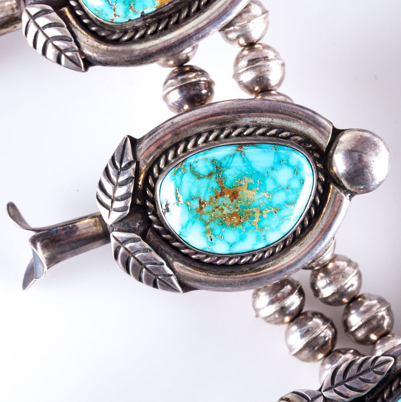 Vintage 1970's Sterling Silver Kingman Turquoise Squash Blossom Necklace 406.2g
