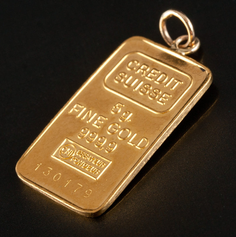 .999% Yellow Gold Credit Suisse 5.0g Gold Bar Pendant / Charm 23.3mm x 14.1mm