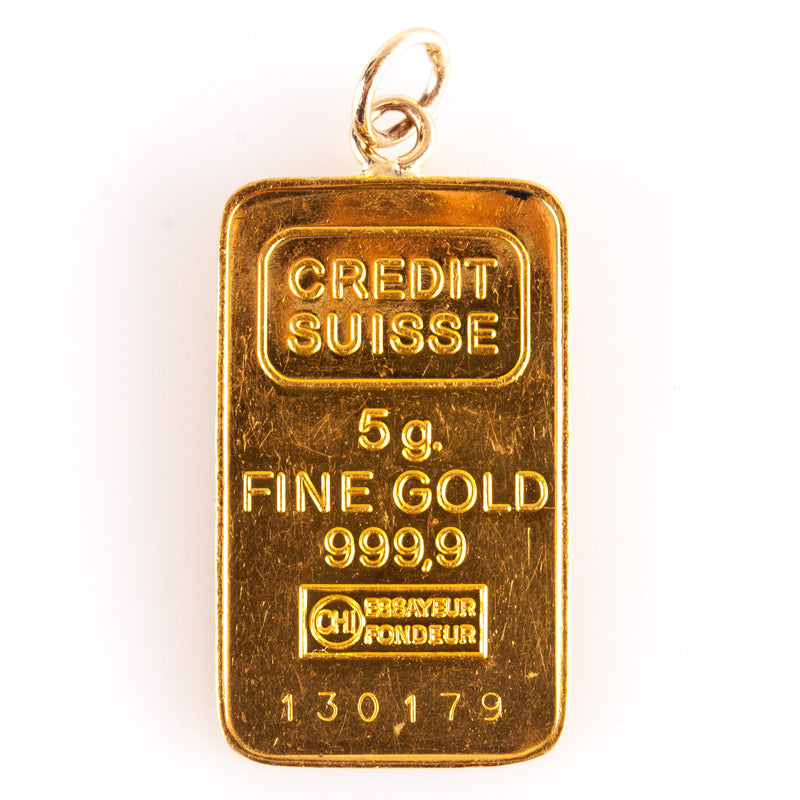 .999% Yellow Gold Credit Suisse 5.0g Gold Bar Pendant / Charm 23.3mm x 14.1mm