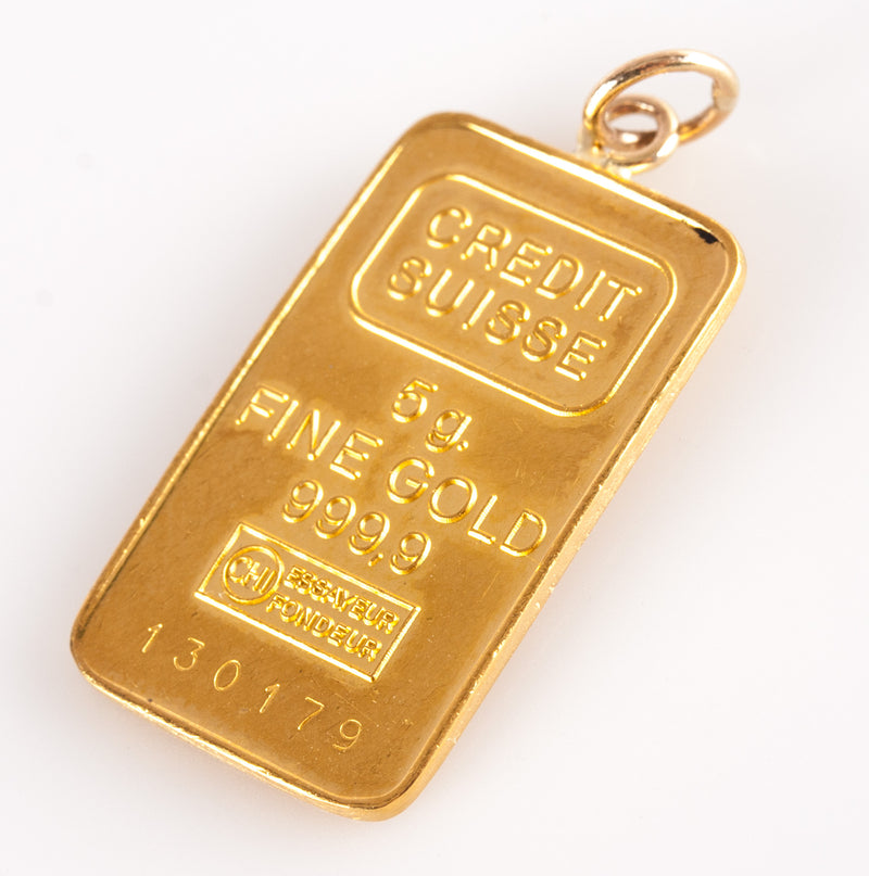 .999% Yellow Gold Credit Suisse 5.0g Gold Bar Pendant / Charm 23.3mm x 14.1mm