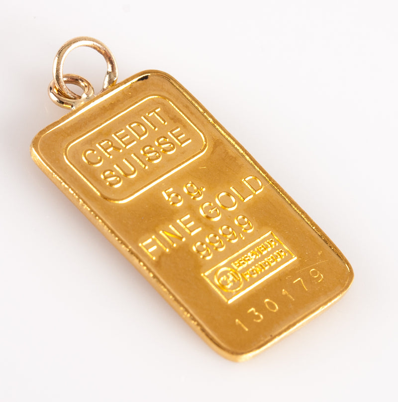 .999% Yellow Gold Credit Suisse 5.0g Gold Bar Pendant / Charm 23.3mm x 14.1mm