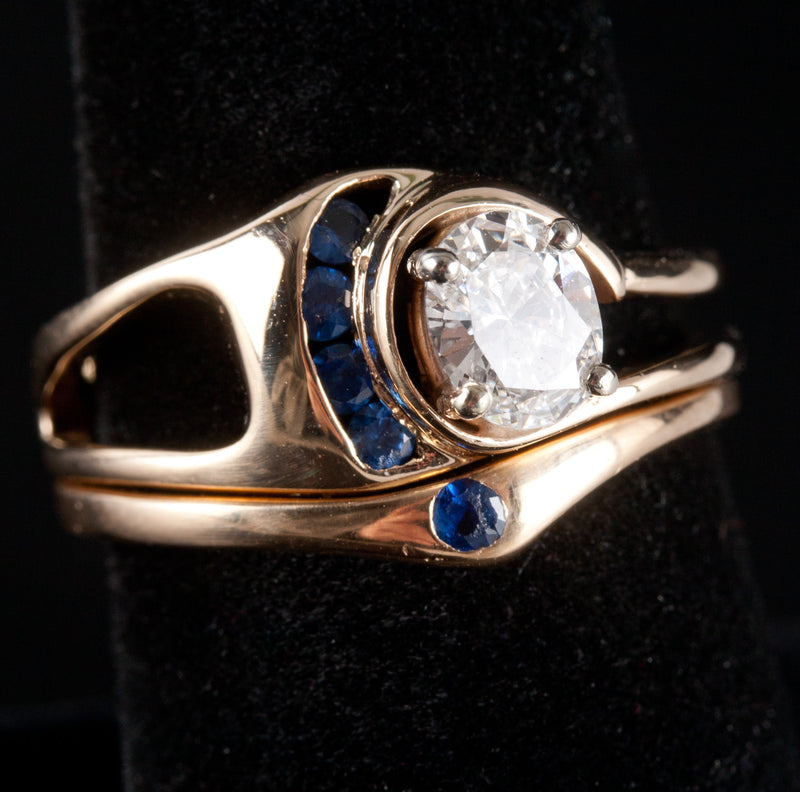 14k Yellow Gold Oval Diamond Round Sapphire Engagement Wedding Ring Set .82ctw