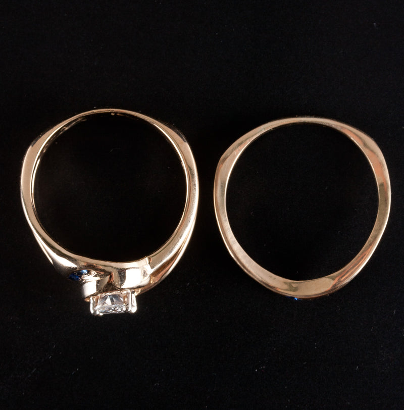 14k Yellow Gold Oval Diamond Round Sapphire Engagement Wedding Ring Set .82ctw
