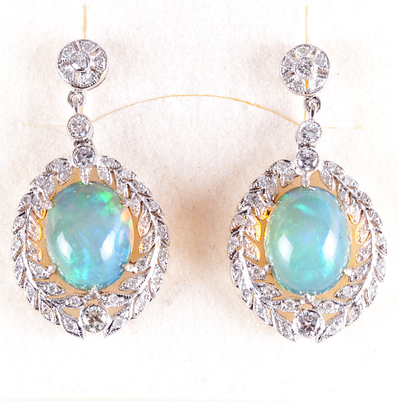 14k White Gold Oval Cabochon AA Opal Diamond Dangle Earrings 3.815ctw 7.50g