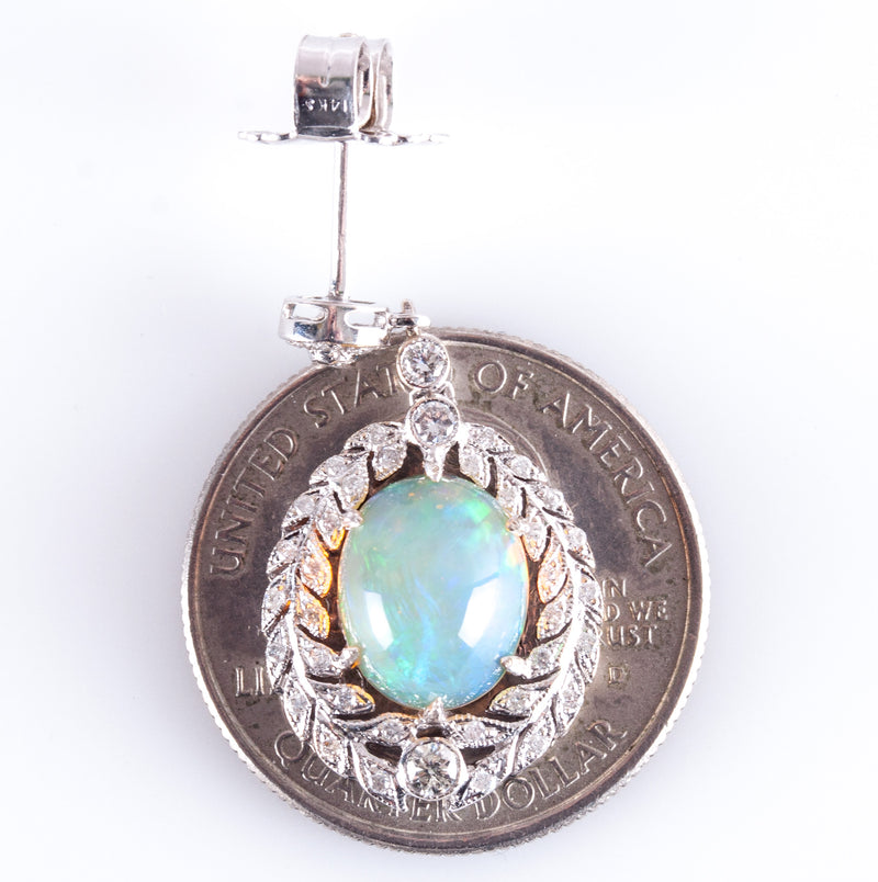 14k White Gold Oval Cabochon AA Opal Diamond Dangle Earrings 3.815ctw 7.50g
