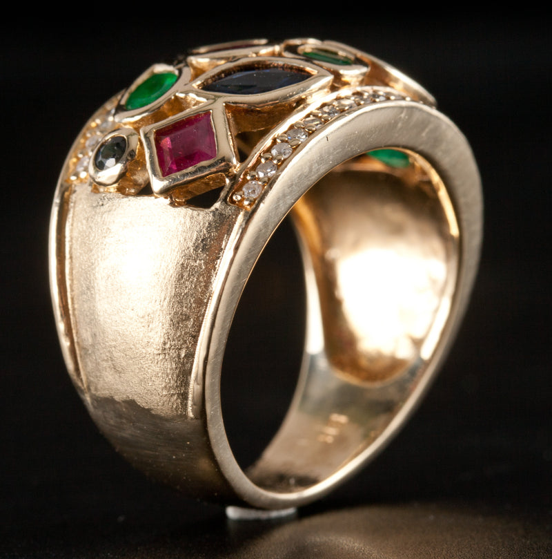 14k Yellow Gold Multi-Shape Emerald Sapphire Ruby Diamond Cocktail Ring 2.43ctw