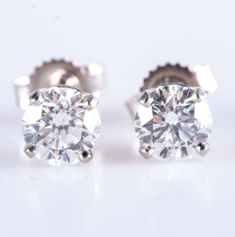 14k White Gold Round G SI1 Diamond Solitaire Stud Earrings .96ctw 1.10g