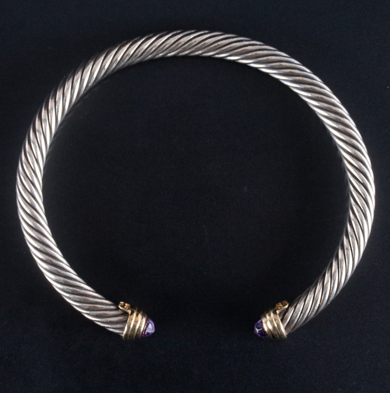 Sterling Silver 14k Yellow Gold David Yurman Amethyst Cuff Bracelet W/ Box .50ct