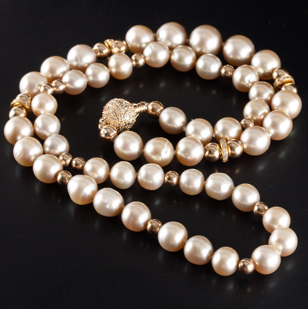 18k Yellow Gold Cultured Round Pearl Diamond Gold Bead Necklace .40ctw 57.9g