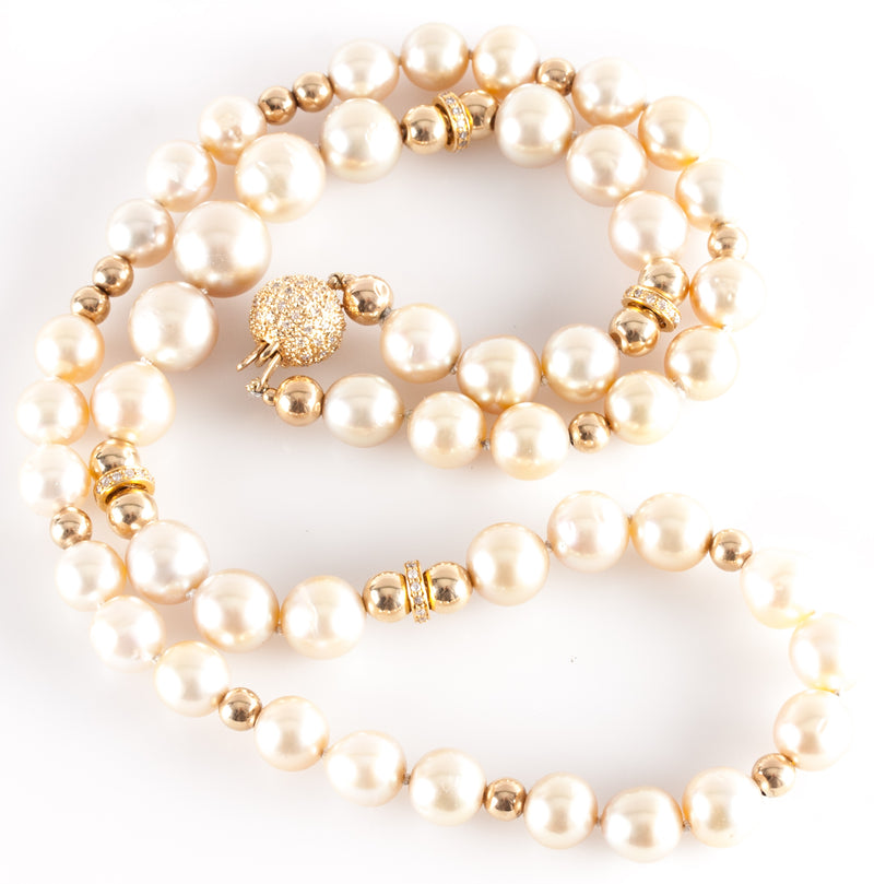 18k Yellow Gold Cultured Round Pearl Diamond Gold Bead Necklace .40ctw 57.9g