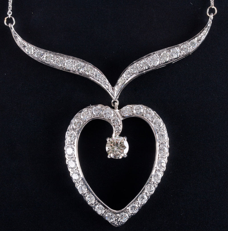 Vintage 1960's 14k White Gold I SI2 Diamond Heart Necklace W/ 20" Chain 2.35ctw