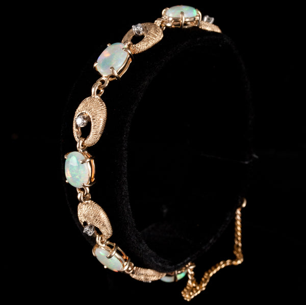 14k Yellow Oval Cabochon Opal Diamond Bracelet 6.09ctw 11.75g 6.75" Length