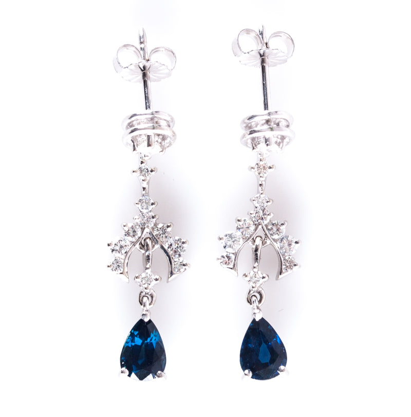 14k White Gold Pear Dark Blue Sapphire Diamond Dangle Earrings 2.46ctw 4.65g