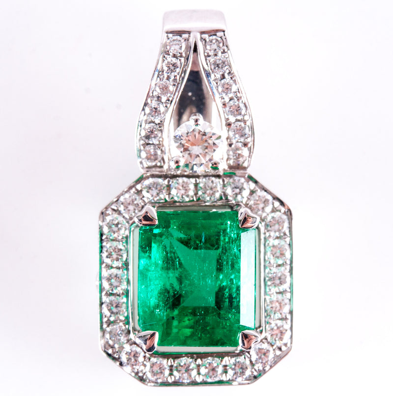 18k White Gold AA Emerald & G VS2 Diamond Halo Style Pendant 2.13ctw 3.44g