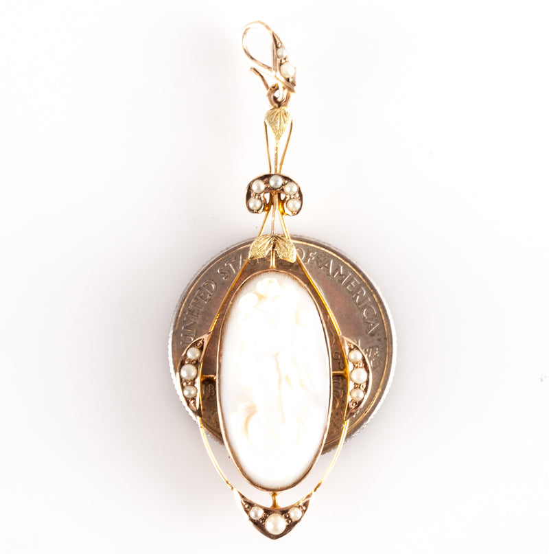 Vintage 1880's 10k Yellow Green Gold Shell Pearl Cameo Pendant 4.12g