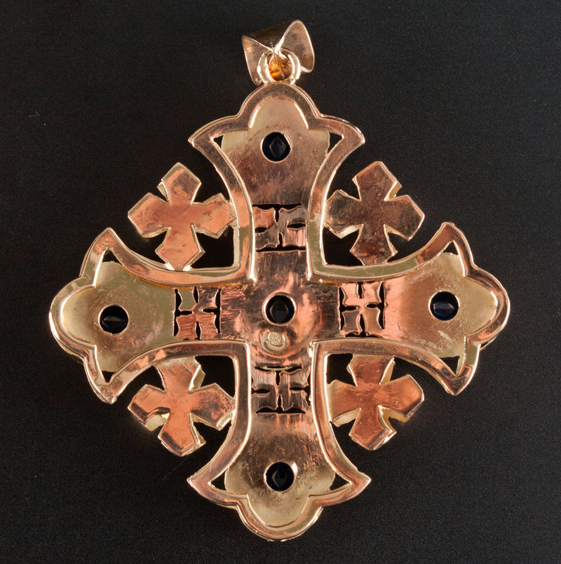 Vintage 1950's 14k Yellow Gold Lab-Created Sapphire Byzantine Cross Pendant