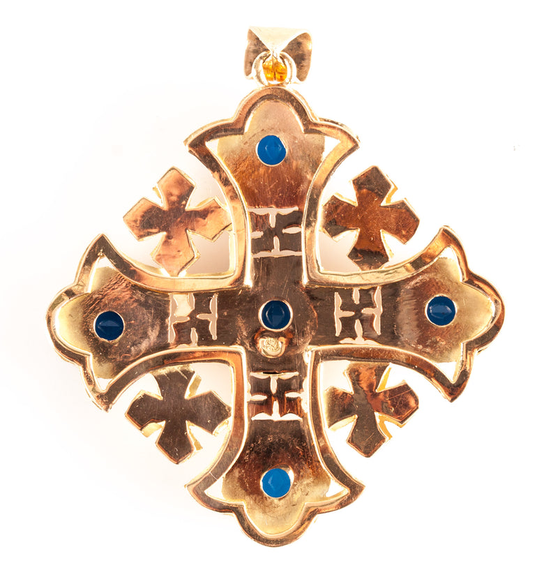 Vintage 1950's 14k Yellow Gold Lab-Created Sapphire Byzantine Cross Pendant