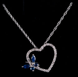 10k White Gold Sapphire & Diamond Butterfly Heart Necklace W/ 18" Chain .46ctw