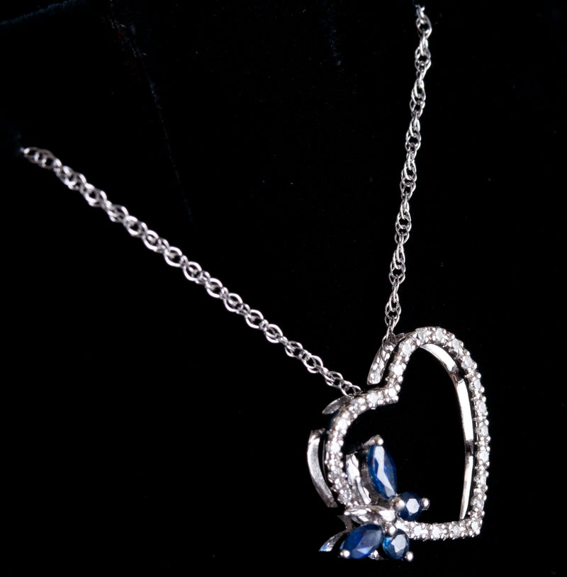10k White Gold Sapphire & Diamond Butterfly Heart Necklace W/ 18" Chain .46ctw