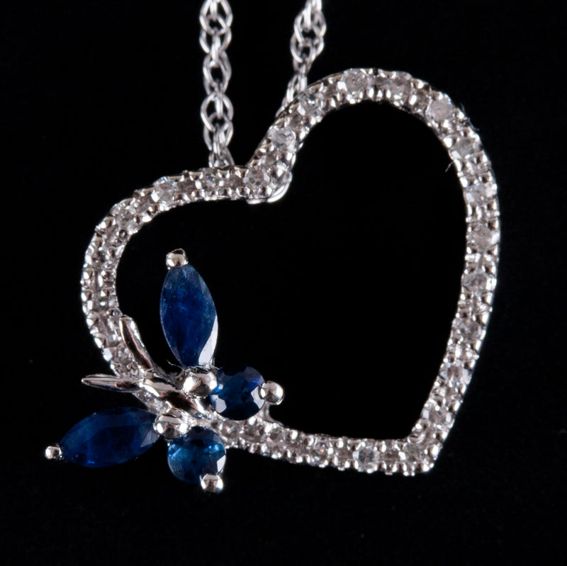 10k White Gold Sapphire & Diamond Butterfly Heart Necklace W/ 18" Chain .46ctw