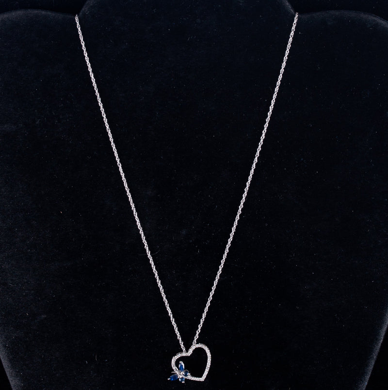 10k White Gold Sapphire & Diamond Butterfly Heart Necklace W/ 18" Chain .46ctw