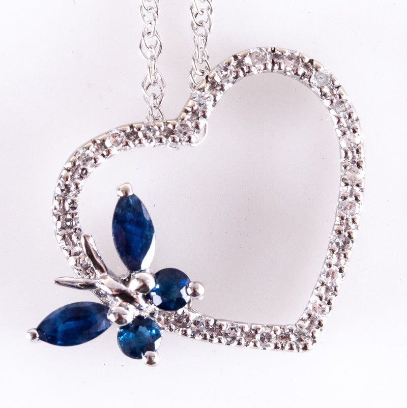 10k White Gold Sapphire & Diamond Butterfly Heart Necklace W/ 18" Chain .46ctw