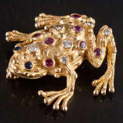 14k Yellow Gold Round Diamond Ruby Sapphire Frog Style Brooch Pin .63ctw 10.6g