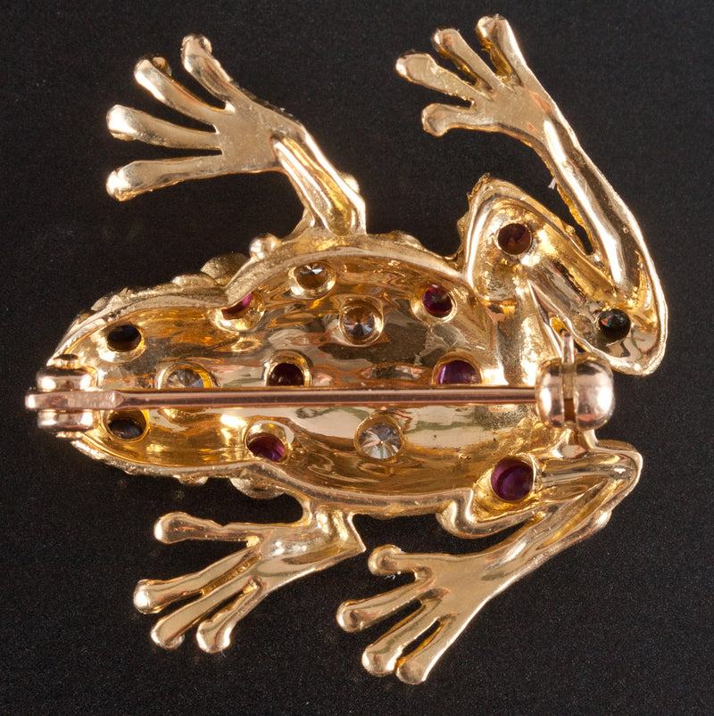 14k Yellow Gold Round Diamond Ruby Sapphire Frog Style Brooch Pin .63ctw 10.6g