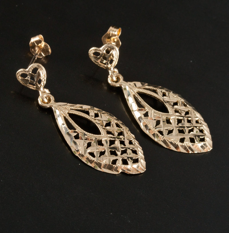 10k Yellow Gold Etched Abstract Style Dangle Earrings W/ Butterfly Backs 2.18g