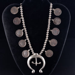 Vintage 1970's Sterling Silver Navajo Indian Head Nickel Sand Cast Naja Necklace