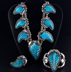 Vintage 1960's Sterling Silver Navajo Morenci Turquoise Squash Ring Bracelet Set