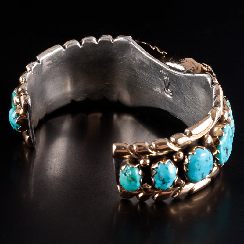 Vintage 14k Yellow Gold & Sterling Silver Zuni Morenci Turquoise Cuff Bracelet