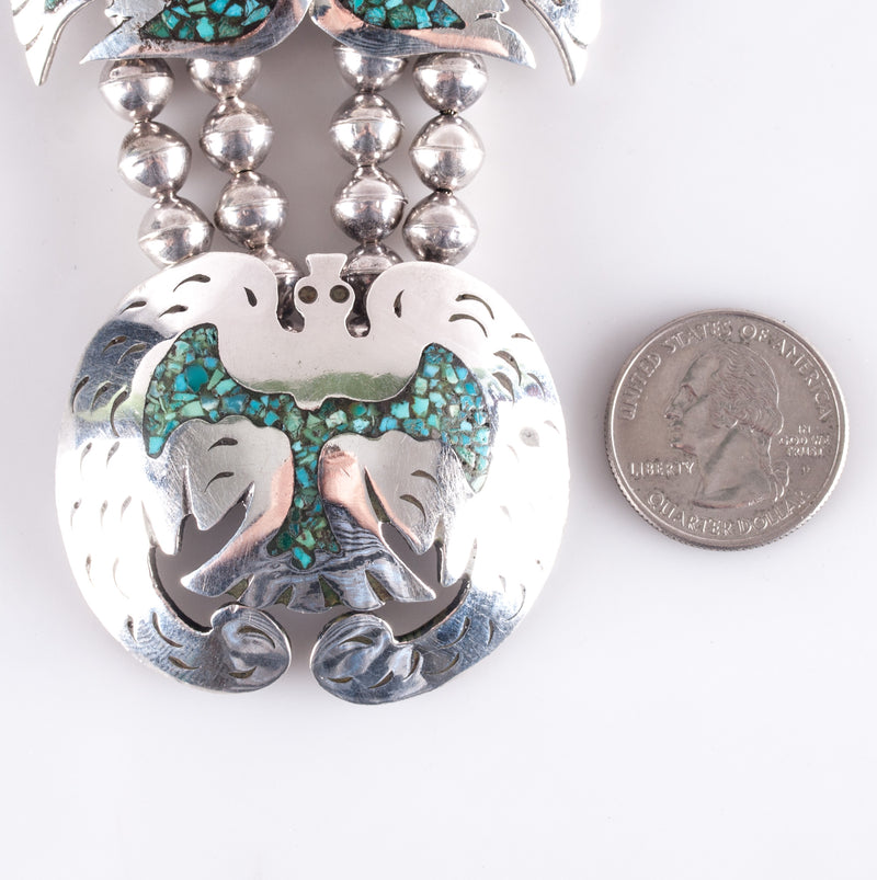 Vintage 1960's Sterling Silver Navajo Inlay Turquoise Peyote Bird Naja Necklace