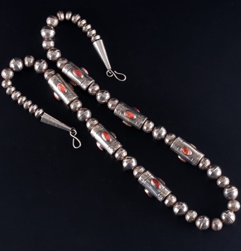 Vintage 1970's Sterling Silver Navajo Spiny Oyster Large Beaded Necklace 92.9g