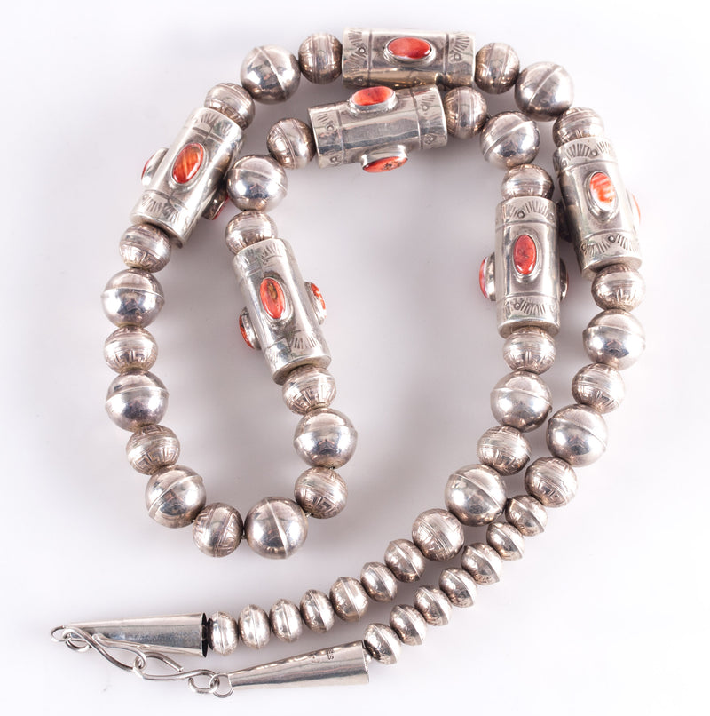 Vintage 1970's Sterling Silver Navajo Spiny Oyster Large Beaded Necklace 92.9g