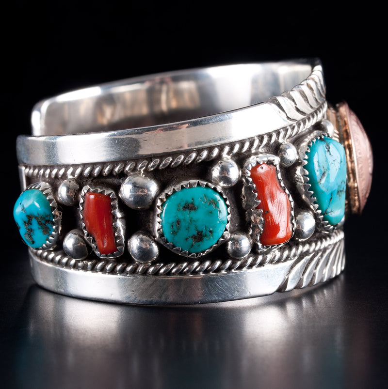 Vintage Sterling Silver Navajo Indian Penny Turquoise Coral Cuff Bracelet 70g