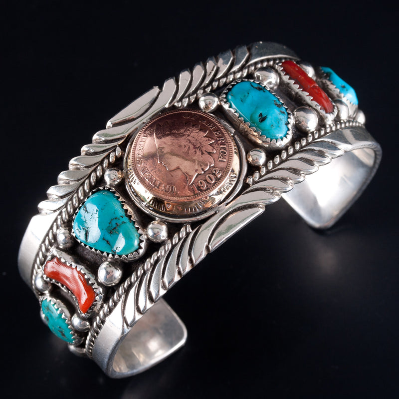 Vintage Sterling Silver Navajo Indian Penny Turquoise Coral Cuff Bracelet 70g