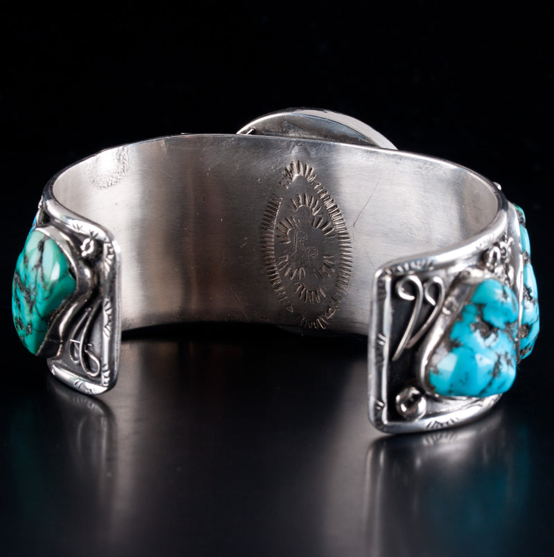 Vintage 1970s Sterling Silver Navajo Indian Head Coin Turquoise Cuff Bracelet