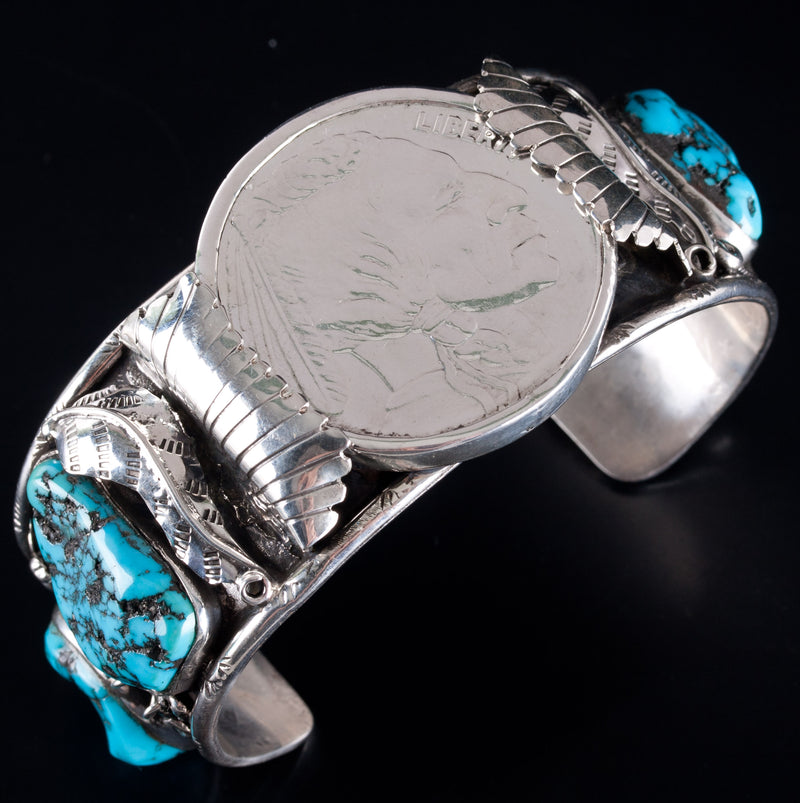 Vintage 1970s Sterling Silver Navajo Indian Head Coin Turquoise Cuff Bracelet