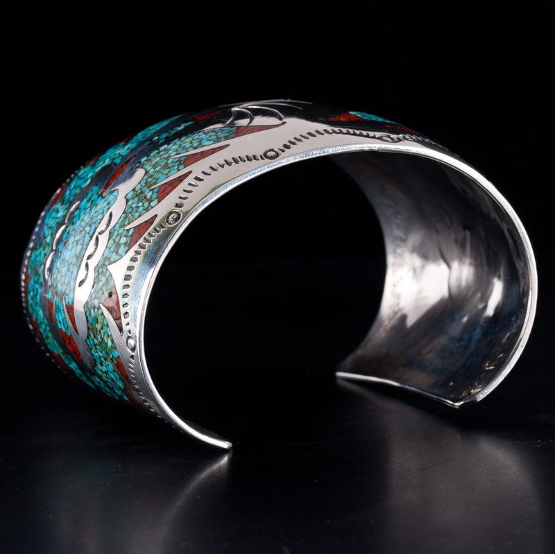 Vintage 1970's Sterling Silver Navajo Inlay Turquoise Coral Bird Cuff Bracelet
