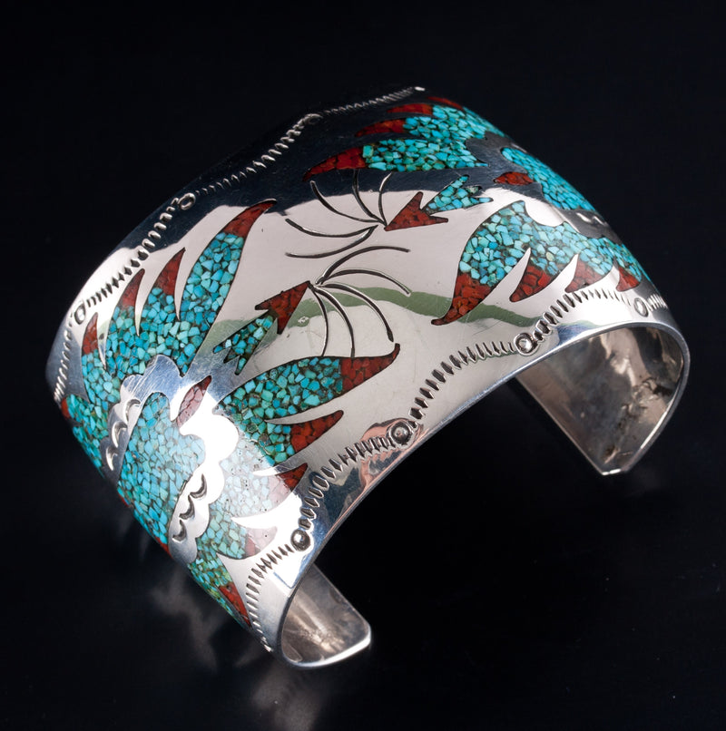 Vintage 1970's Sterling Silver Navajo Inlay Turquoise Coral Bird Cuff Bracelet