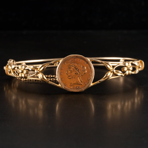 Vintage 1950's 14k Yellow Gold 1853 Liberty Head 5$ Coin Hinged Bangle Bracelet
