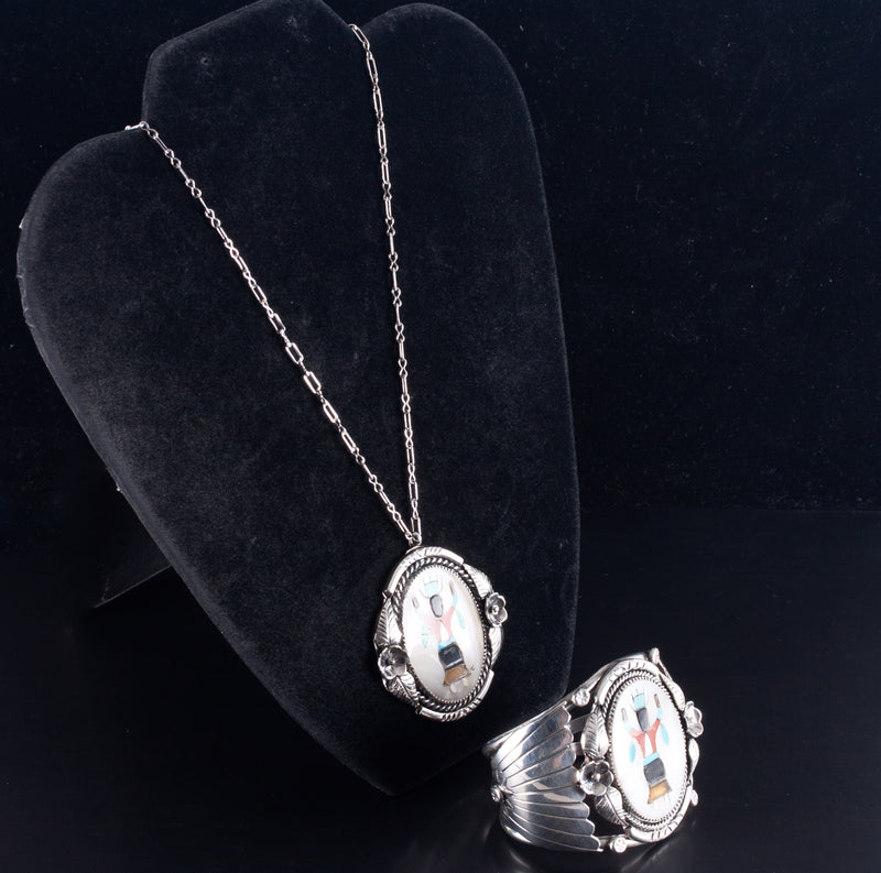 Vintage 1960s Sterling Silver Zuni Inlay Multi-Stone Necklace Bracelet Set 92.7g