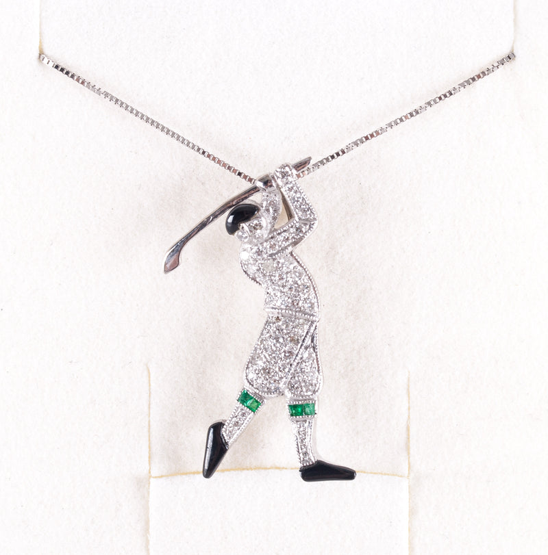 14k White Gold Round Diamond Emerald Onyx Golfer Pendant Brooch Combo .52ctw