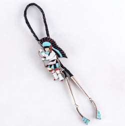 Vintage 1960's Sterling Silver Zuni Snake Dancer Multi-Stone Bolo Tie 36.5g