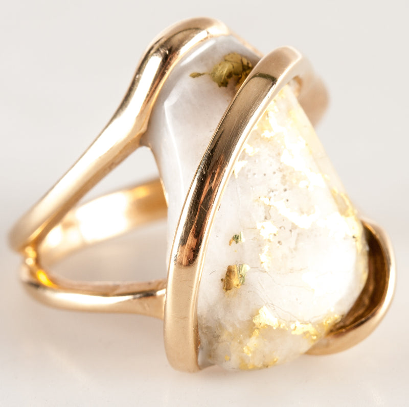 14k Yellow Gold Fancy Cabochon AA White Quartz Solitaire Cocktail Ring 9.85g