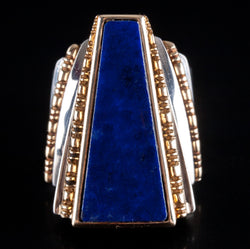 Sterling Silver & 14k Yellow Gold Fancy Lapis Solitaire Cocktail Ring 19g